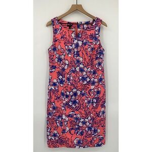 Talbots Dress Womens 10 Orange Coral Blue Floral Cotton Spandex Sleeveless
